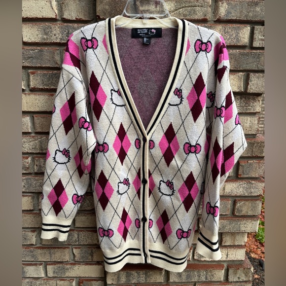 Hello Kitty & Friends Oversized Argyle Cardigan V-neck Button Up Sweater Size S - Picture 3 of 12